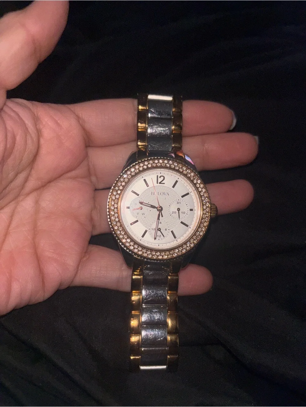 Bulova Two-Tone Crystal Bezel Watch in Rose Gold and silver crystals